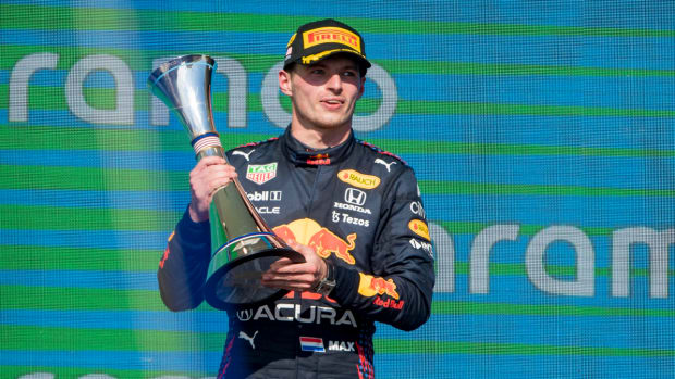 Max Verstappen celebrates his win at the US Grand Prix.